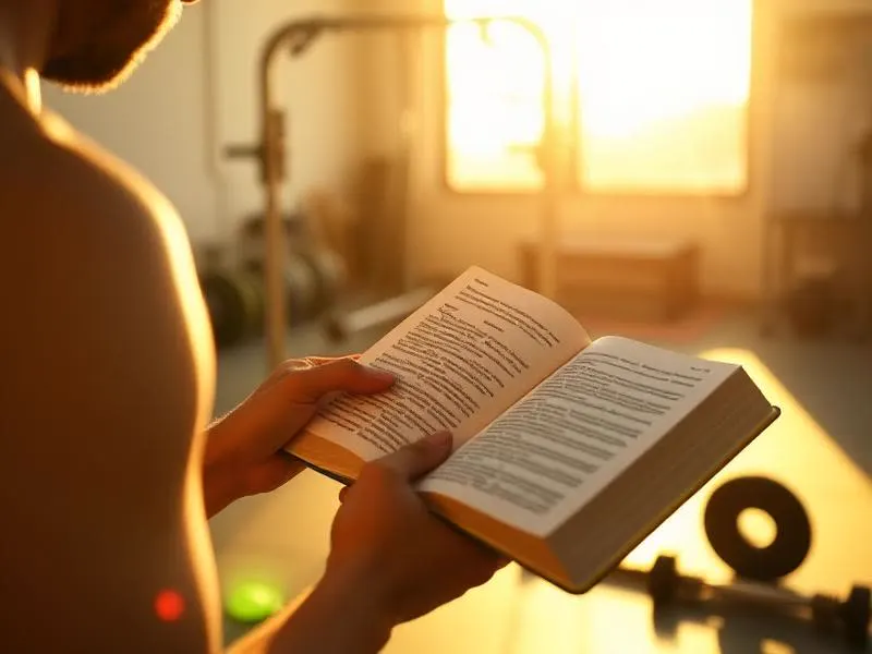Hands holding an open Bible in a sunlit home gym