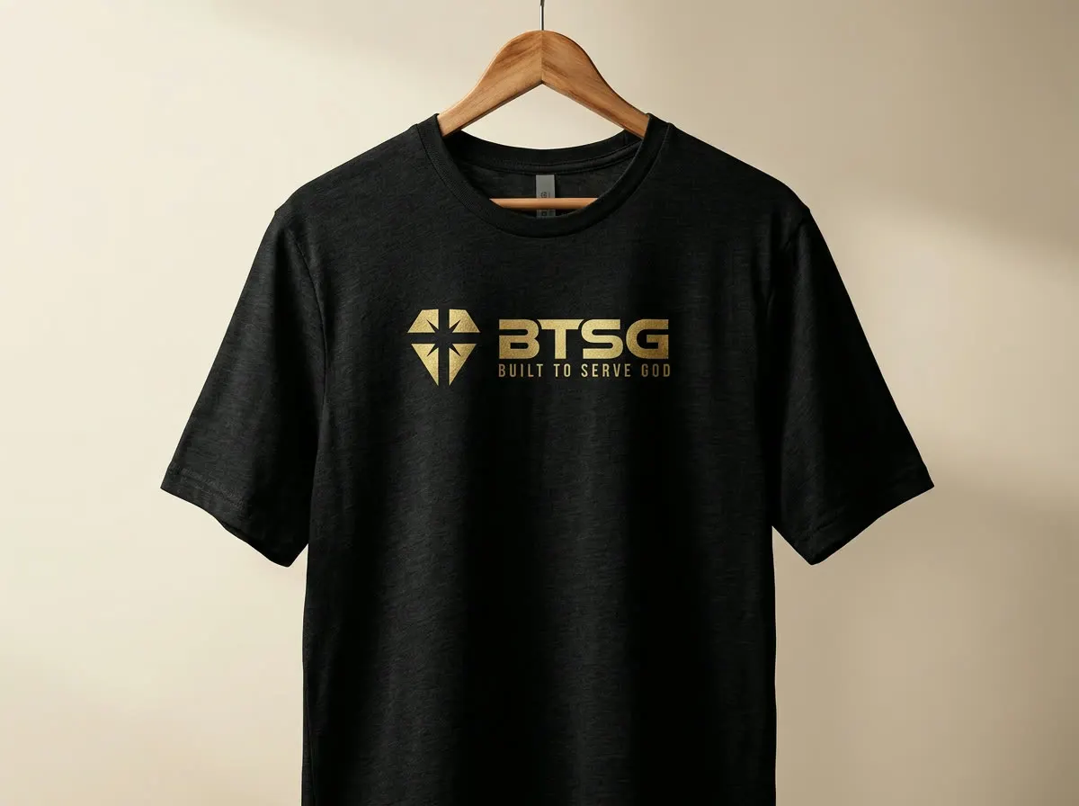 Black BTSG Built to Serve God t-shirt on a hanger